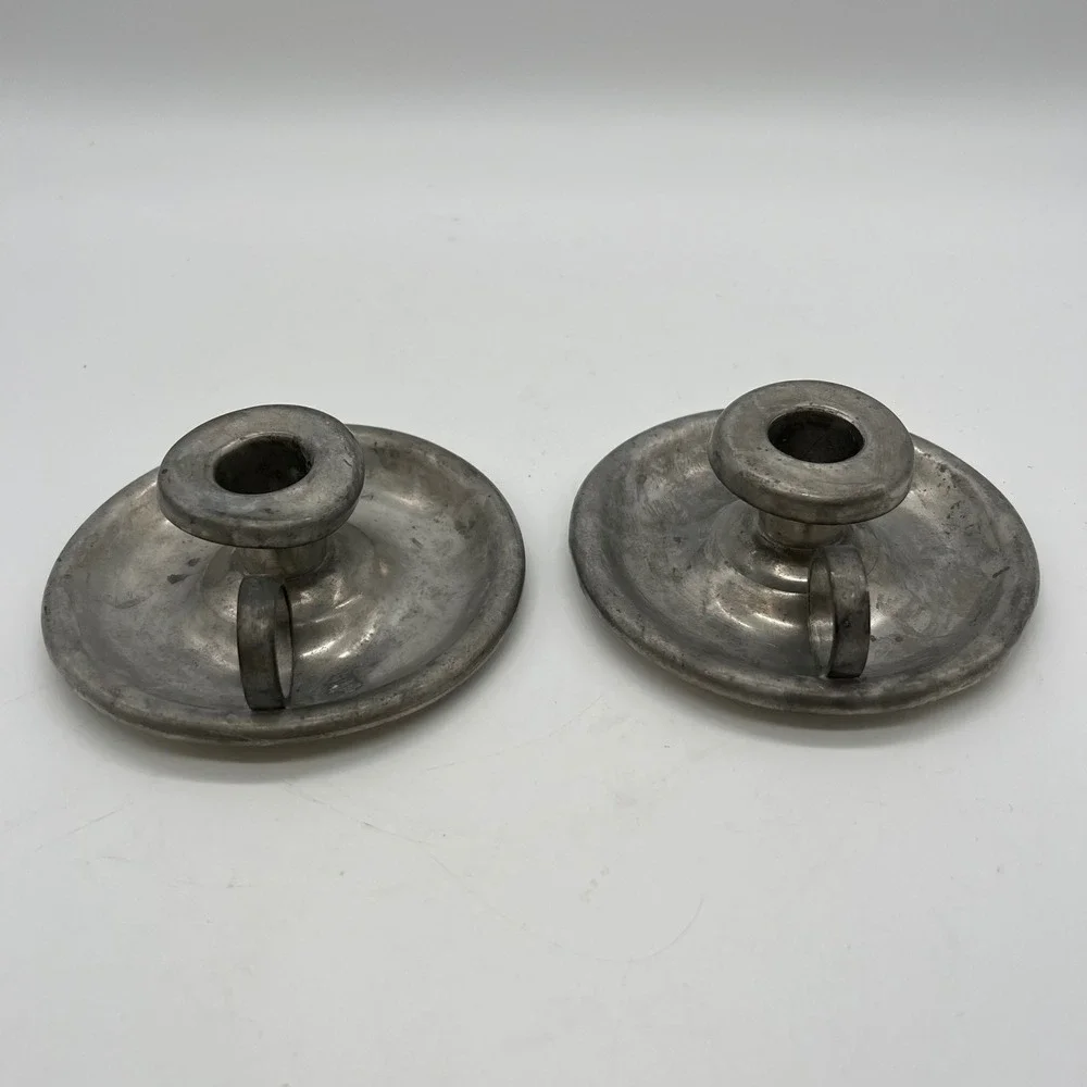 Woodbury Pewterers Candlestick Holders Pair Hand-Ome Brushed Chamberstick VTG